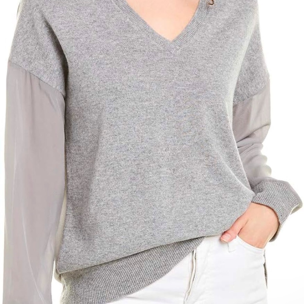 Magaschoni Light Gray V-Neck Sweater With Sheer Back Cashmere/Silk